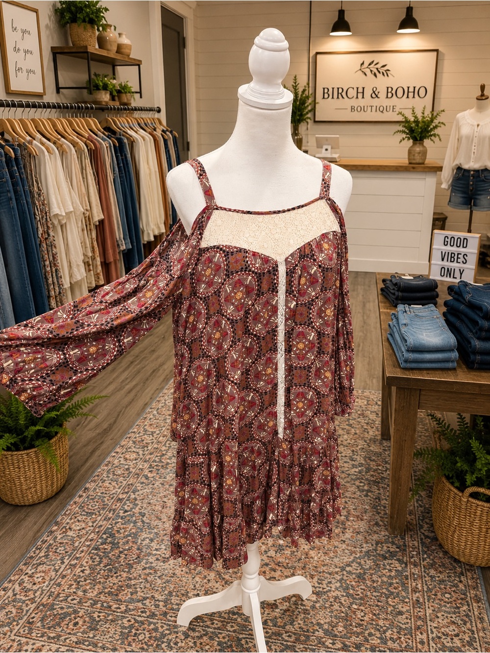 Umgee Large Boho Cold Shoulder Dress Lace Detail Adjustable Straps